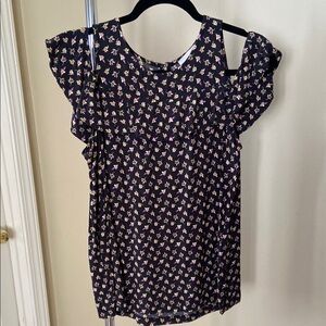 LOFT cold shoulder Floral Ruffle Sleeve Top - Black